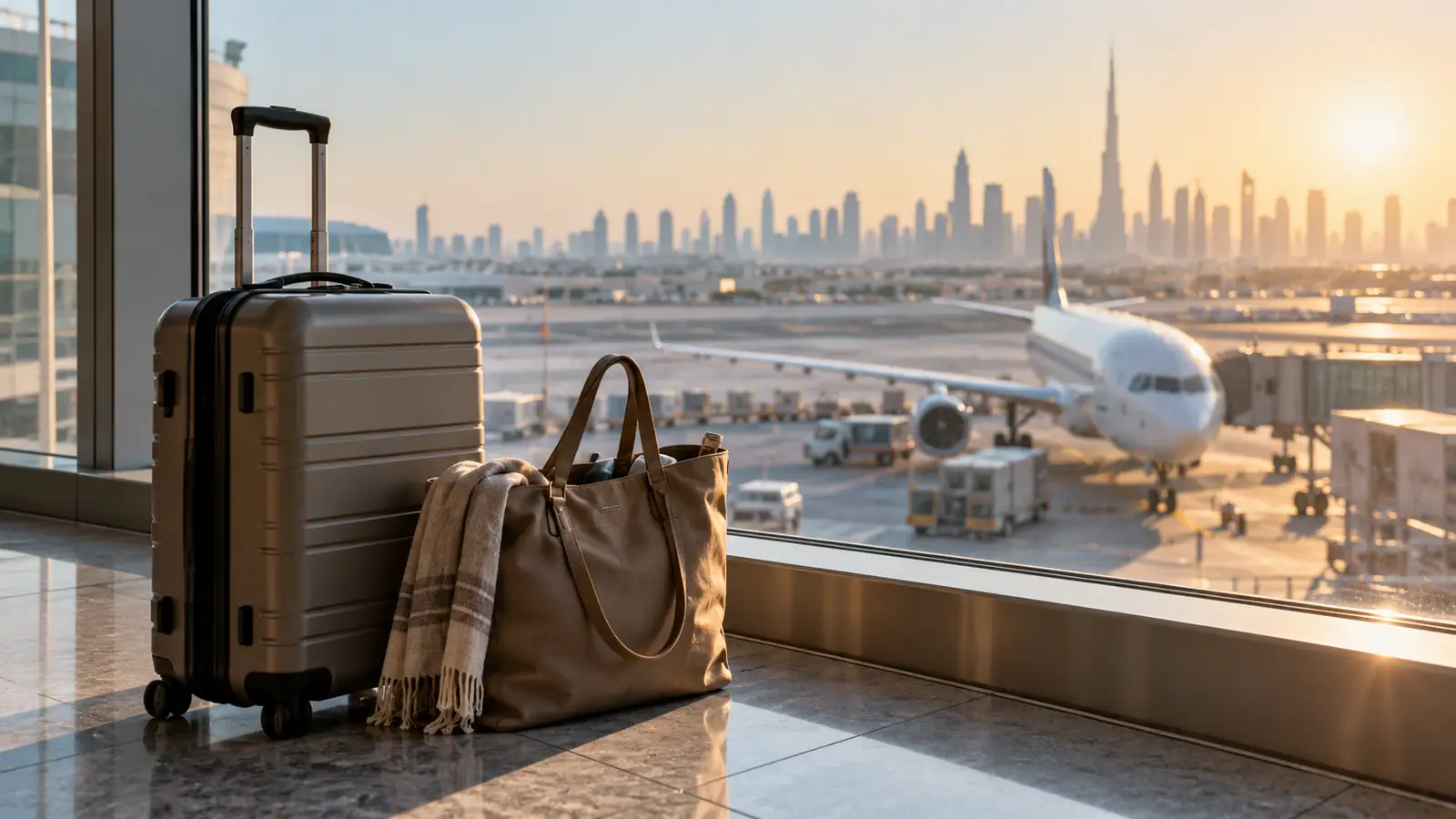 AI illustration: An unbranded suitcase in a modern airport terminal, generated for visual reference.