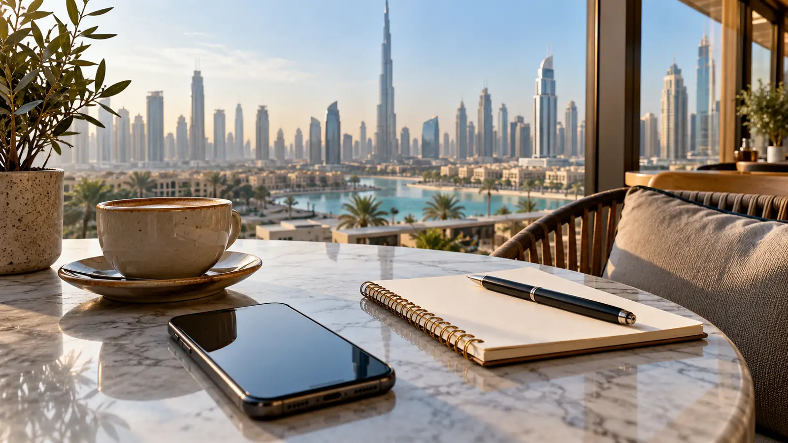 AI illustration: Phone and notebook on a cafe table with a softly focused Dubai skyline, generated for visual reference.