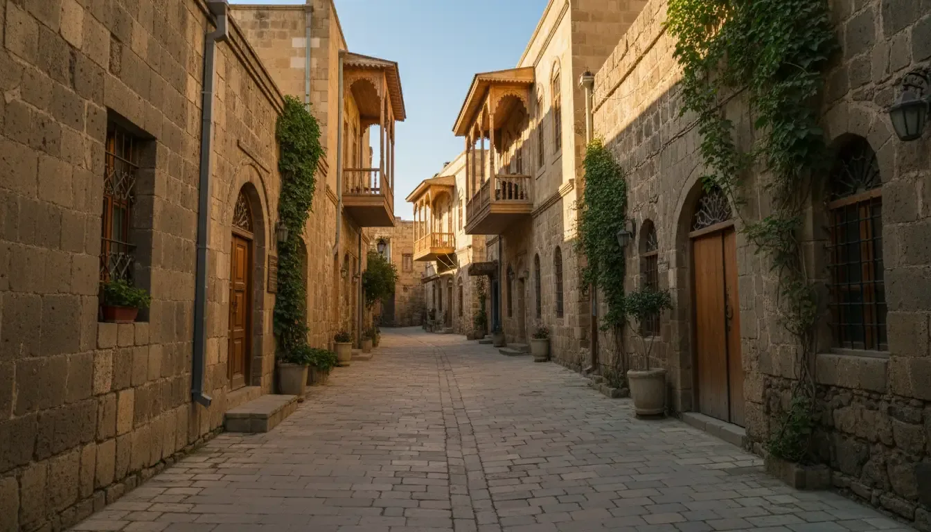 AI illustration: Baku Old City and Flame Towers, Baku, Azerbaijan