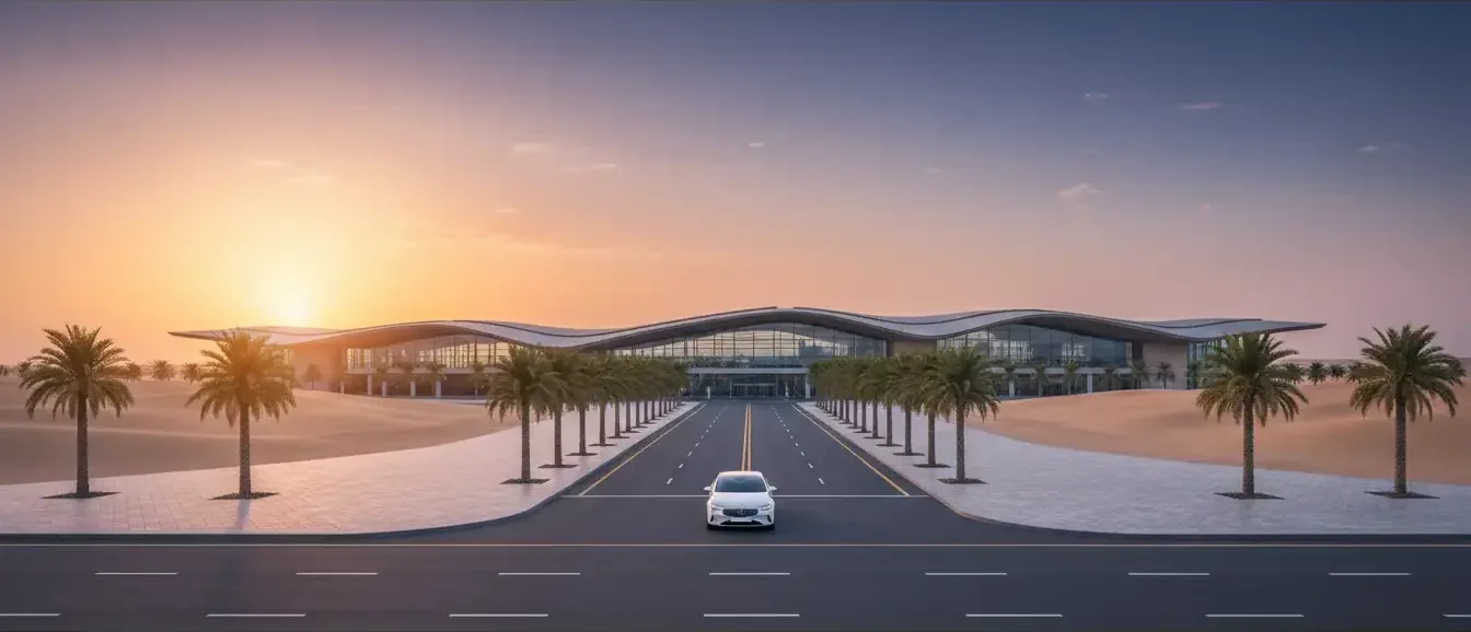 AI illustration: Al Maktoum International Airport (DWC) and your Dubai hotel, UAE