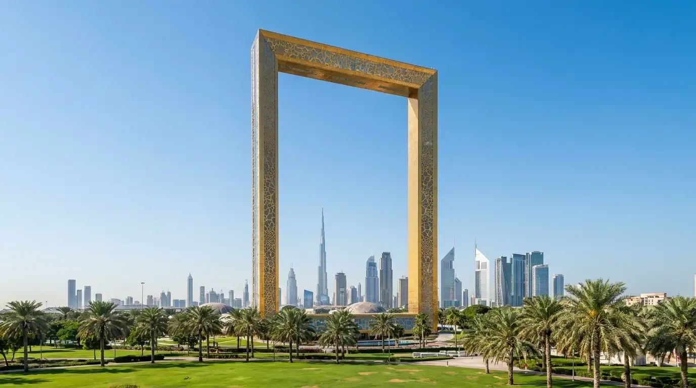 AI illustration: Dubai Frame, Zabeel Park, and Dubai Aquarium, Dubai Mall, Dubai, UAE