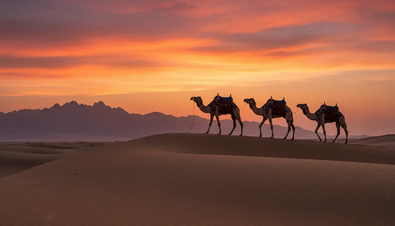 AI illustration: Ras Al Khaimah desert, UAE — Sunset Camel Ride in the Ras Al Khaimah Desert: 30-Minute Guided Trek